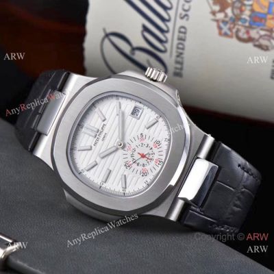 Copy Patek Philippe Nautilus Travel Time Automatic Watches SS Black Leather strap
